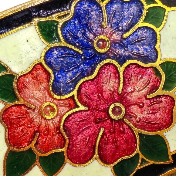 Vtg Cloisonné Floral Scarf Handkerchief Ring Multicolored Enamel Gold-Tone - Picture 5 of 5